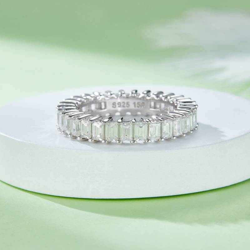 Rectangular full body lined ring S925 silver plated platinum moissanite diamond women's ring 4.6 carats D-grade